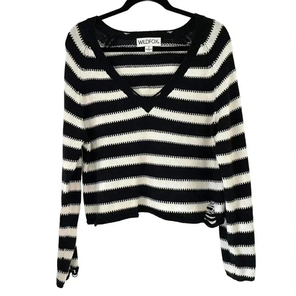 Wildfox Distressed Striped Vneck Sweater Black White - Picture 4 of 13